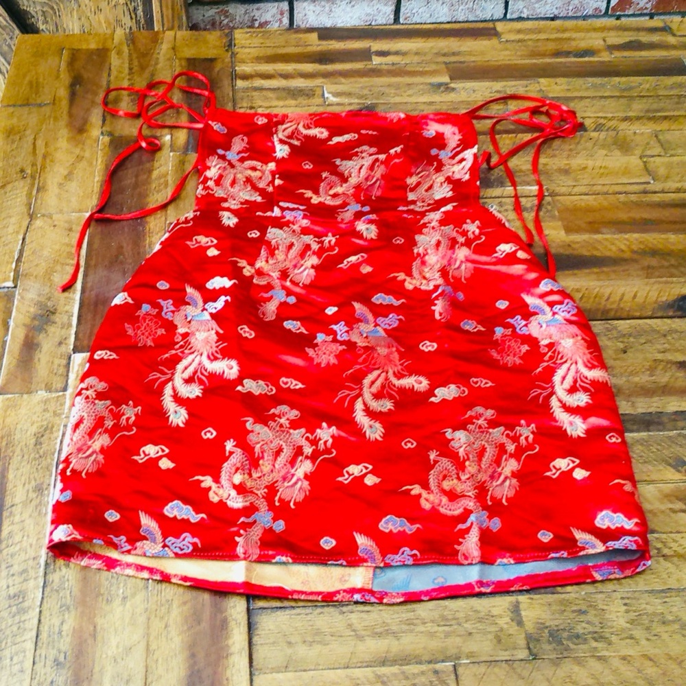 SHEIN Red Backless Dress with Gold Dragon Print